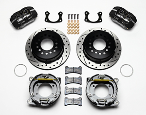 Wilwood Forged Dynapro Low-Profile Rear Parking Brake Kit Parts Laid Out - Black Powder Coat Caliper - SRP Drilled & Slotted Rotor