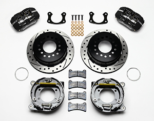 Wilwood Forged Dynapro Low-Profile Rear Parking Brake Kit Parts Laid Out - Black Powder Coat Caliper - SRP Drilled & Slotted Rotor