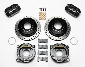 Wilwood Forged Dynapro Low-Profile Rear Parking Brake Kit Parts Laid Out - Black Powder Coat Caliper - SRP Drilled & Slotted Rotor