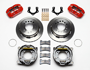 Wilwood Forged Dynapro Low-Profile Rear Parking Brake Kit Parts Laid Out - Red Powder Coat Caliper - Plain Face Rotor