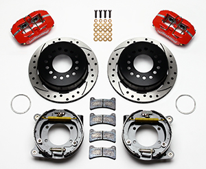 Wilwood Forged Dynapro Low-Profile Rear Parking Brake Kit Parts Laid Out - Red Powder Coat Caliper - SRP Drilled & Slotted Rotor