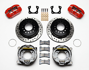 Wilwood Forged Dynapro Low-Profile Rear Parking Brake Kit Parts Laid Out - Red Powder Coat Caliper - SRP Drilled & Slotted Rotor