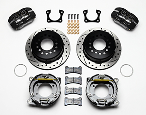 Wilwood Forged Dynapro Low-Profile Rear Parking Brake Kit Parts Laid Out - Black Powder Coat Caliper - SRP Drilled & Slotted Rotor