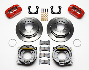 Wilwood Forged Dynapro Low-Profile Rear Parking Brake Kit Parts Laid Out - Red Powder Coat Caliper - Plain Face Rotor