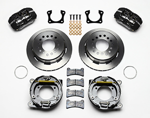 Wilwood Forged Dynapro Low-Profile Rear Parking Brake Kit Parts Laid Out - Black Powder Coat Caliper - Plain Face Rotor