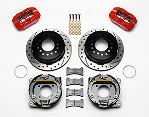 Wilwood Forged Dynapro Low-Profile Rear Parking Brake Kit Parts Laid Out - Red Powder Coat Caliper - SRP Drilled & Slotted Rotor