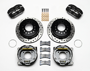 Wilwood Forged Dynapro Low-Profile Rear Parking Brake Kit Parts Laid Out - Black Powder Coat Caliper - SRP Drilled & Slotted Rotor