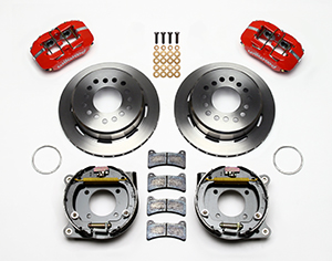 Wilwood Forged Dynapro Low-Profile Rear Parking Brake Kit Parts Laid Out - Red Powder Coat Caliper - Plain Face Rotor