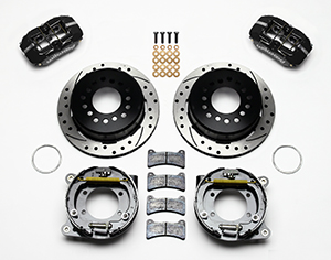 Wilwood Forged Dynapro Low-Profile Rear Parking Brake Kit Parts Laid Out - Black Powder Coat Caliper - SRP Drilled & Slotted Rotor