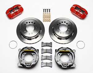 Wilwood Forged Dynapro Low-Profile Rear Parking Brake Kit Parts Laid Out - Red Powder Coat Caliper - Plain Face Rotor