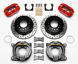 Wilwood Forged Dynapro Low-Profile Rear Parking Brake Kit Parts Laid Out - Red Powder Coat Caliper - SRP Drilled & Slotted Rotor