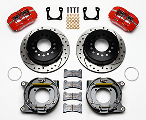 Wilwood Forged Dynapro Low-Profile Rear Parking Brake Kit Parts Laid Out - Red Powder Coat Caliper - SRP Drilled & Slotted Rotor