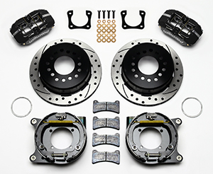 Wilwood Forged Dynapro Low-Profile Rear Parking Brake Kit Parts Laid Out - Black Powder Coat Caliper - SRP Drilled & Slotted Rotor