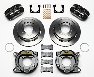 Wilwood Forged Dynapro Low-Profile Rear Parking Brake Kit Parts Laid Out - Black Powder Coat Caliper - Plain Face Rotor