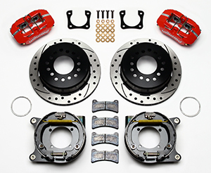 Wilwood Forged Dynapro Low-Profile Rear Parking Brake Kit Parts Laid Out - Red Powder Coat Caliper - SRP Drilled & Slotted Rotor