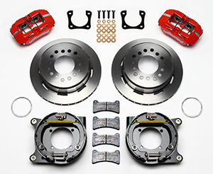 Wilwood Forged Dynapro Low-Profile Rear Parking Brake Kit Parts Laid Out - Red Powder Coat Caliper - Plain Face Rotor