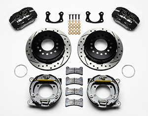 Wilwood Forged Dynapro Low-Profile Rear Parking Brake Kit Parts Laid Out - Black Powder Coat Caliper - SRP Drilled & Slotted Rotor