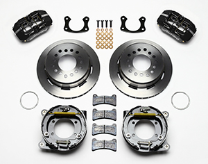 Wilwood Forged Dynapro Low-Profile Rear Parking Brake Kit Parts Laid Out - Black Powder Coat Caliper - Plain Face Rotor