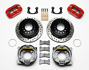 Wilwood Forged Dynapro Low-Profile Rear Parking Brake Kit Parts Laid Out - Red Powder Coat Caliper - SRP Drilled & Slotted Rotor