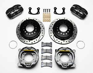 Wilwood Forged Dynapro Low-Profile Rear Parking Brake Kit Parts Laid Out - Black Powder Coat Caliper - SRP Drilled & Slotted Rotor