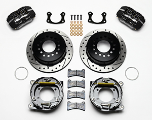 Wilwood Forged Dynapro Low-Profile Rear Parking Brake Kit Parts Laid Out - Black Powder Coat Caliper - SRP Drilled & Slotted Rotor