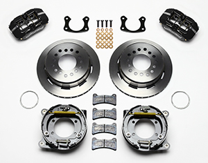 Wilwood Forged Dynapro Low-Profile Rear Parking Brake Kit Parts Laid Out - Black Powder Coat Caliper - Plain Face Rotor