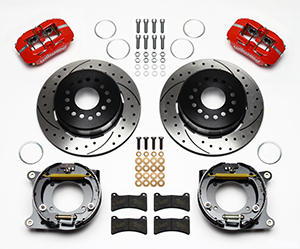 Wilwood Forged Dynapro Low-Profile Rear Parking Brake Kit Parts Laid Out - SRP Drilled & Slotted Rotor