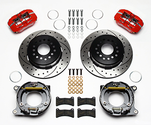 Wilwood Forged Dynapro Low-Profile Rear Parking Brake Kit Parts Laid Out - Red Powder Coat Caliper - SRP Drilled & Slotted Rotor