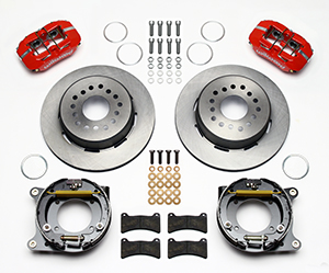 Wilwood Forged Dynapro Low-Profile Rear Parking Brake Kit Parts Laid Out - Red Powder Coat Caliper - Plain Face Rotor