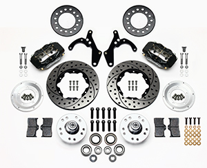 Wilwood Forged Dynalite Pro Series Front Brake Kit Parts Laid Out - Black Powder Coat Caliper - SRP Drilled & Slotted Rotor