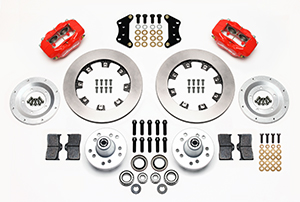 Wilwood Forged Dynalite Big Brake Front Brake Kit (Hub) Parts Laid Out - Red Powder Coat Caliper - Plain Face Rotor