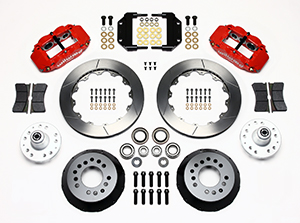 Wilwood Forged Narrow Superlite 6R Big Brake Front Brake Kit (Hub) Parts Laid Out - Red Powder Coat Caliper - GT Slotted Rotor