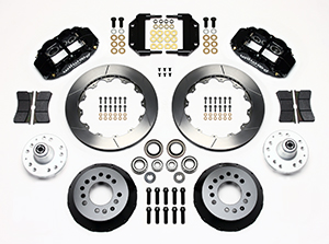 Wilwood Forged Narrow Superlite 6R Big Brake Front Brake Kit (Hub) Parts Laid Out - Black Powder Coat Caliper - GT Slotted Rotor