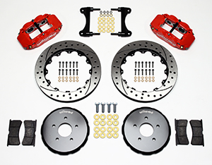 Wilwood Forged Narrow Superlite 6R Big Brake Front Brake Kit (Hat) Parts Laid Out - Red Powder Coat Caliper - SRP Drilled & Slotted Rotor