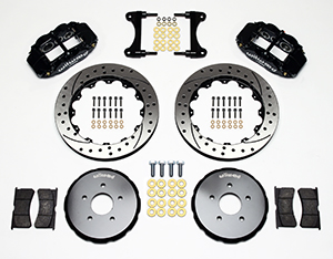 Wilwood Forged Narrow Superlite 6R Big Brake Front Brake Kit (Hat) Parts Laid Out - Black Powder Coat Caliper - SRP Drilled & Slotted Rotor