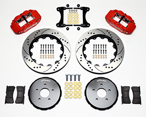 Wilwood Forged Narrow Superlite 6R Big Brake Front Brake Kit (Hat) Parts Laid Out - Red Powder Coat Caliper - SRP Drilled & Slotted Rotor