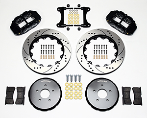 Wilwood Forged Narrow Superlite 6R Big Brake Front Brake Kit (Hat) Parts Laid Out - Black Powder Coat Caliper - SRP Drilled & Slotted Rotor