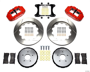 Wilwood Forged Narrow Superlite 6R Big Brake Front Brake Kit (Hat) Parts Laid Out - Red Powder Coat Caliper - GT Slotted Rotor