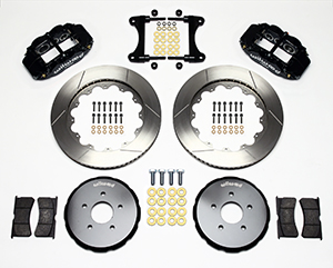 Wilwood Forged Narrow Superlite 6R Big Brake Front Brake Kit (Hat) Parts Laid Out - Black Powder Coat Caliper - GT Slotted Rotor