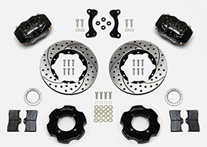 Wilwood Forged Dynalite Big Brake Front Brake Kit (Hat) Parts Laid Out - Black Powder Coat Caliper - SRP Drilled & Slotted Rotor