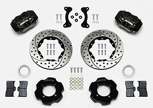 Wilwood Forged Dynalite Big Brake Front Brake Kit (Hat) Parts Laid Out - Black Powder Coat Caliper - SRP Drilled & Slotted Rotor