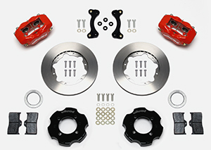 Wilwood Forged Dynalite Big Brake Front Brake Kit (Hat) Parts Laid Out - Red Powder Coat Caliper - Plain Face Rotor