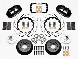 Wilwood Forged Narrow Superlite 6R Big Brake Front Brake Kit (Hub) Parts Laid Out - Red Powder Coat Caliper - SRP Drilled & Slotted Rotor