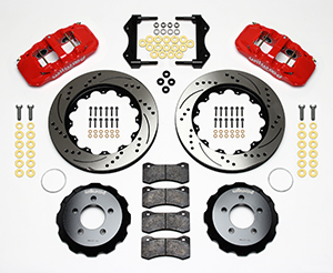 Wilwood AERO6 Big Brake Front Brake Kit Parts Laid Out - Red Powder Coat Caliper - SRP Drilled & Slotted Rotor