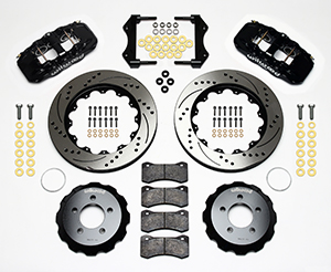 Wilwood AERO6 Big Brake Front Brake Kit Parts Laid Out - Black Powder Coat Caliper - SRP Drilled & Slotted Rotor