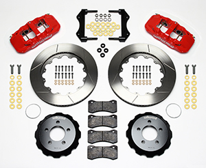 Wilwood AERO6 Big Brake Front Brake Kit Parts Laid Out - Red Powder Coat Caliper - GT Slotted Rotor