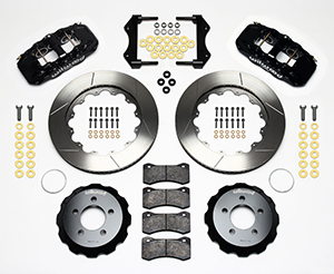 Wilwood AERO6 Big Brake Front Brake Kit Parts Laid Out - Black Powder Coat Caliper - GT Slotted Rotor