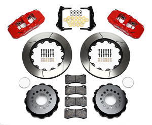 Wilwood AERO4 Big Brake Rear Brake Kit For OE Parking Brake Parts Laid Out - Red Powder Coat Caliper - GT Slotted Rotor