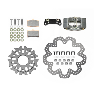 Wilwood GP320 Sprint Right Rear Brake Kit Parts Laid Out - Type III Anodize Caliper - Drilled Rotor