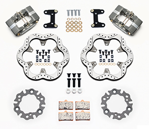 Wilwood GP320 Midget Front Brake Kit Parts Laid Out - Type III Anodize Caliper - Drilled Rotor